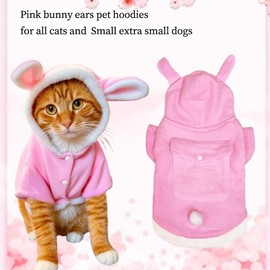 ANIAC Bunny Ears Cat Costume Plush Dog Hoodies with Pocket Sweater Cute Kitten Cat Clothes Warm Rabbit Ears Outfit with Hood for Small Dog Cat and Puppy (Pink-2, Small)