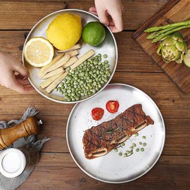 PXRLMYF 3 Pcs Stainless Steel Dinner Plates 8 Inch Double Layer Round Serving Plates Round Serveware Platter for Camping, Eating, BBQ, Steak, Salad