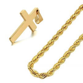 Q&S Jewels Gold Cross Pendant Necklace 2MM Diamond Cut Mens Rope Chain Stainless Steel 18K Gold Plated Fashion Jewlery for Men Women 22 Inch