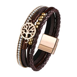 JewelryWe Womens Leather Wrap Bracelet: Bohemian Tree of Life Cross Charms Multi-layered Leather Wristbands Braided Leather Cuffs Boho Bracelets for Women Girls with Magnetic Clasp