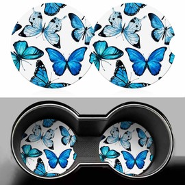 Butterfly Blue 2 Pack Car Cup Holder Coaster Animals Exquisite Wings Fantasy Anti Slip Insert Absorbent Ceramic Car Coaster with Cork Base and Finger Notch Cute Car Accessories Interior for Women Men