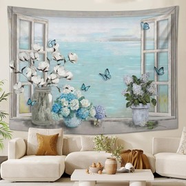 Gyejip Cotton Hydrangea Bathroom Tapestry Farmhouse Flower Butterfly Pictures Floral Wall Hanging Cotton Home Decorations College Dorm Decor for Bedroom Living Room Dorm 50"x60"