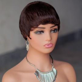 TSHELOVE Pixie Cut Wig Human Hair Wigs For Black Women #2 Brown Short Layered Pixie Cut Wigs Full Machine Made Brazilian Human Hair Glueless Wigs Brown Color (#2 Brown)