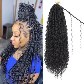 8 Packs River Faux Locs Crochet Hair 18inch New Goddess Locs Crochet Hair Boho Faux Locs Wavy Crochet Curly Hair with Curly Ends Synthetic Hair Extensions (18" 8Packs 1B#)