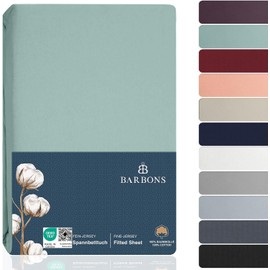 BARBONS Fitted Sheet, 160 x 200 cm, 100% Cotton, Oeko-Tex Certified, Jersey Bedding and Duvet Cover for Box Spring Beds and Mattresses Up to 27 cm Thick, Green