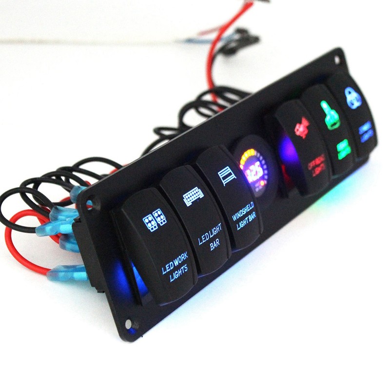 6 Gang Toggle Rocker Switch Panel Colorful LED Voltmeter for