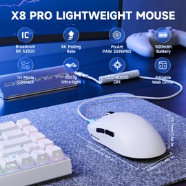ATTACK SHARK X8PRO 55g Ultralight Wireless Gaming Mouse with Coiled Cable for Medium/Large Hands, 8K Polling Rate, Tri-Mode 2.4G/Wied/BT, 500mAh, 40,000DPI, Optical Sensor PAW3395 - White