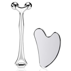 Juego de rodillos de acero inoxidable Gua Sha y hielo | Herramientas de masaje facial para rutina de cuidado de la piel, yoga facial