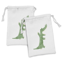 Ambesonne Crocodile Fabric Pouch Set of 2, Pattern of a Funky Creature Laughing on a Plain Background, Small Drawstring Bag for Toiletries Masks and Favors, 9" x 6", Peacock Green Beige