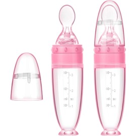 Alimentador de Alimentos para Bebés, Alimentador de cuchara de Silicona Flexible con para dispensar y alimentar alimentos infantiles Ventosa Libre BPA 90ml (rosa)