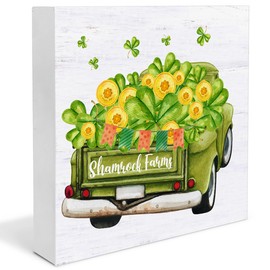 St. Patricks Day Decor - St. Patricks Day Decorations - Shamrock Farms Truck Wood Decorative Box Sign - Home Decor for Desk Table Shelf 5 x 5 Inches
