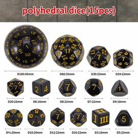 YILAIDA DND Dice Polyhedral Dice Set - 15 Pieces with Bags D3-D100 Dice Polyhedral Dice DND Game Dice for Dungeons and Dragons RPG MTG (Black and Yellow)