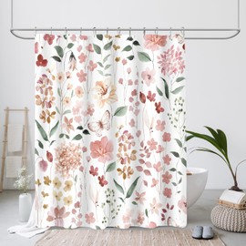 MAYZUS Extra Long Shower Curtain 72 x 84 Inch, Tall Coral Floral Shower Curtain for Bathroom, Watercolor Flower Butterfly Fabric Shower Curtain Set with Hooks, Coral Pink, Peach