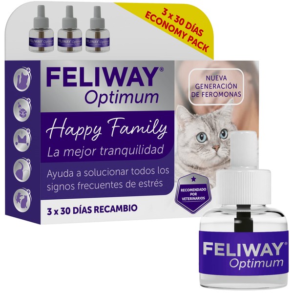 FELIWAY Optimum - New Pheromona Generation - Solution of All Cat Stress Signs - Scratches, Anxiety, Changes, Urine Marking and Conflicts Between Cats - 3 x 48ml Refills