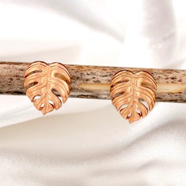 MadamLili Rose Gold plated Monstera Leaf Ear Studs - 925 Sterling Silver Tiny Tropical Exotic Leaves Jewelry - Botanical Floral Plant Garden Lovers Flower Jewelry
