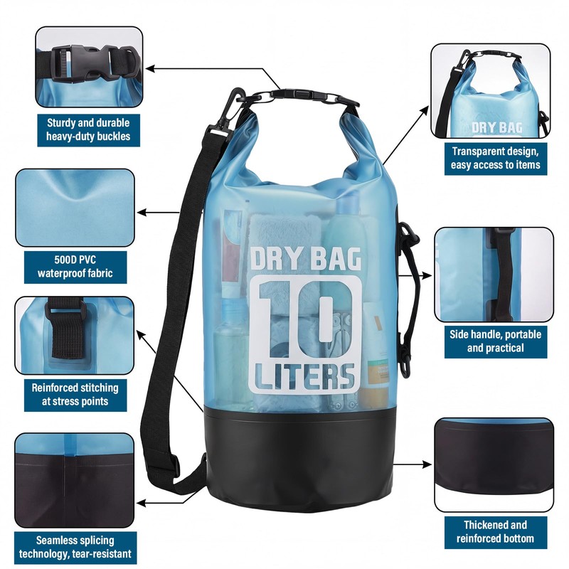 Pimoys Dry Bag Waterproof for Men Women, 10L Lightweight Roll
