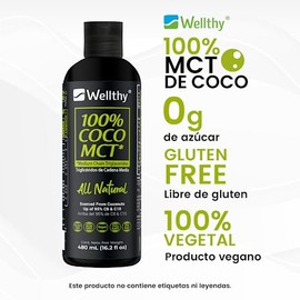 Wellthy MCT Oil 500ml, 32 Porciones, Ácido Caprílico 100% Puro y Natural de Coco, KETO y Paleo Safe, Energía y Concentración, 0g de Azúcar, Gluten Fre