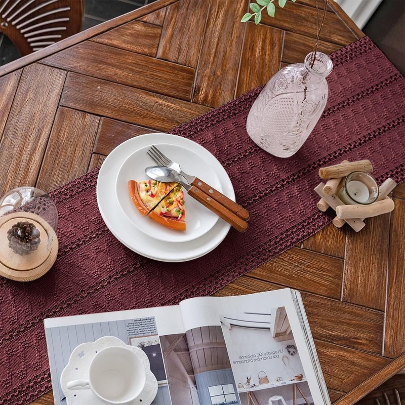 Weldomcor Macrame Table Runner Burgundy Boho Table Runner with Tassels
