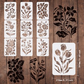 FINGERINSPIRE 9 Flower Stencils for Painting, 29.7 x 21 cm, Flower and Leaves Drawing Stencil, Reusable Flower Stencil, DIY Stencils for Painting on Wood, Floor, Wall and Tiles