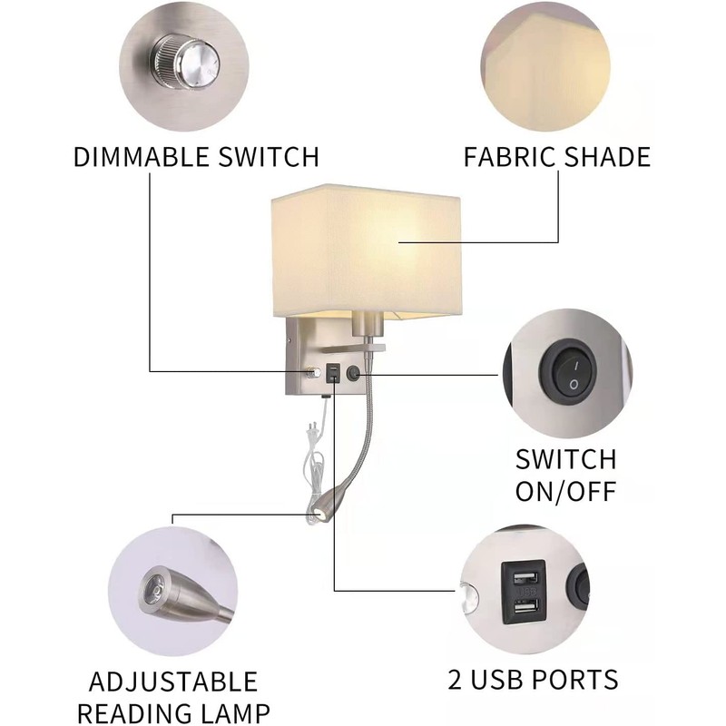 2-Pack Bedside Lights, Plug in Wall Sconce with Two USB