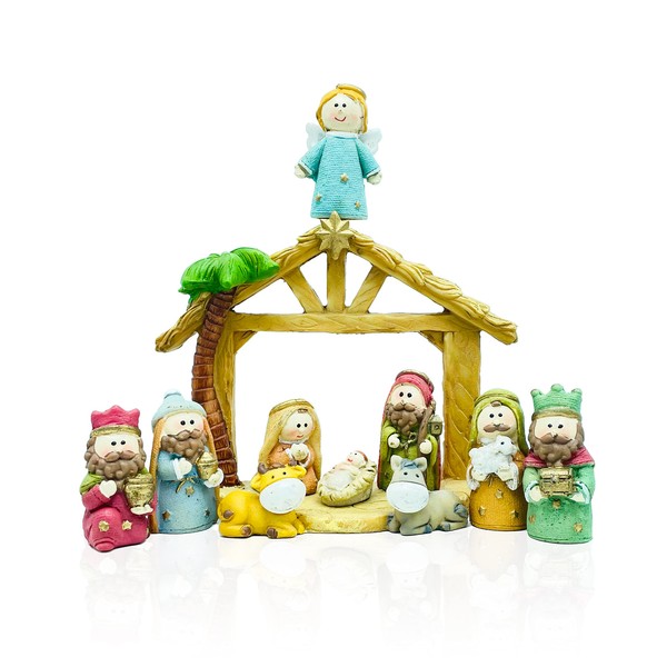 Gesar Christmas Nativity Scene with Ceramic Hut - Pack of 11 Nativity Scene with Ceramic Hut 6 cm - Colourful Birthday Figures - Modern and Elegant Nativity Scene