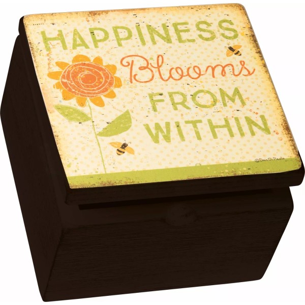 PBK NEW!~Wood Hinged Box~"HAPPINESS Blooms FROM WITHIN"~Trinke