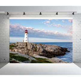 Loccor 7x5ft Fabric Peggy's Cove Lighthouse Backdrop Seaside Rock Blue Ocean Scene Cloud Sky Travel Photography Background Kids Adults Party Decoration Portrait Photo Studio Props