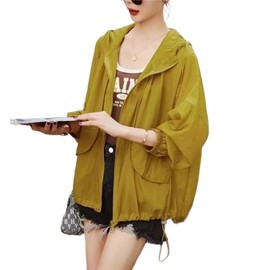 Carlie Kloss Women's Hoodie, UV Protection, Hooded, Open Front, Cardigan, Drawcord, Rash Hoodie, Overwear, Cool Touch, Sun Protection, Plain, Thin, Lightweight, Quick Drying, Loose, Commuting, Cute, Casual, Fashionable, Spring, Summer, Autumn, Yellow, Free