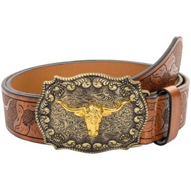 HilyBony Western PU Leather Belt for Men Women Cowboy Cowgirl Longhorn Bull Pattern Engraved Buckle Belt for Unisex, brown