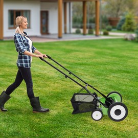 CNCEST 16-Inch Push Reel Lawn Mower - Manual Cordless Grass Cutter with 5 Precision Blades, Removable Grass Catcher Bag & Height Adjustment - Eco-Friendly Quiet Lawn Mower for Small Yards, Gardens