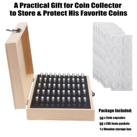 Litensh 50PCS Coin Holder Wooden Coin Collection Box with Round Coin Capsules Plastic Coin Organizer Coin Storage Case for Coin Collectors 18mm/21mm/25mm/27mm/30mm (50PCS Coin Collecting Box)