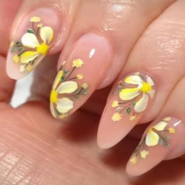 24Pcs Summer Press on Nails Medium Almond Fake Nails with Flowers Glue on Nails Reusable Nude False Nails Cute Flower Acrylic Nails Glossy Full Cover Stick on Nails for Women Manicure Decoration