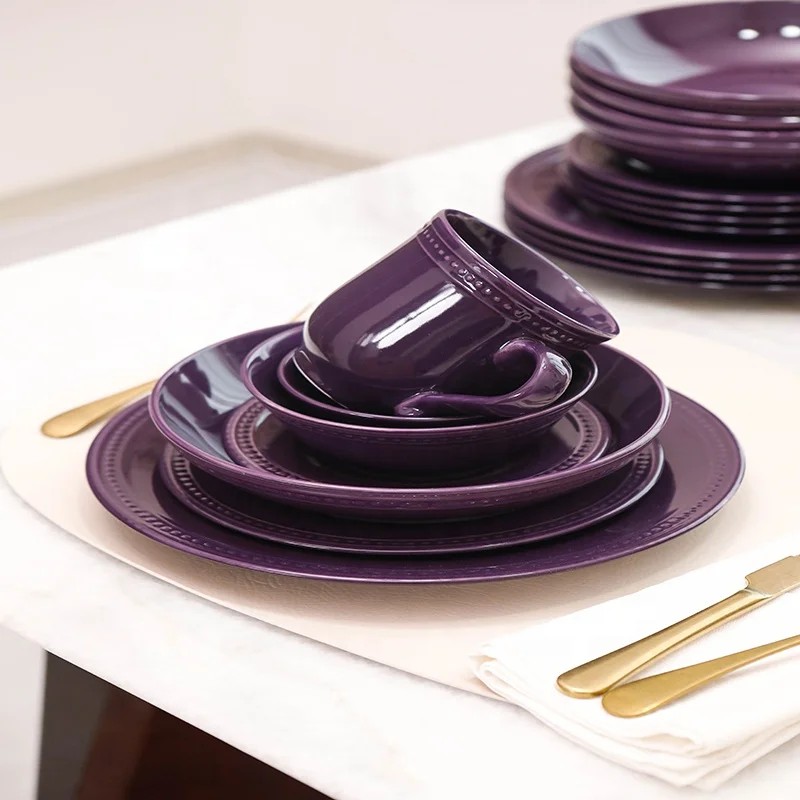 Certified Safe Family Dining Set of Embossed Colored Ceramic Tableware