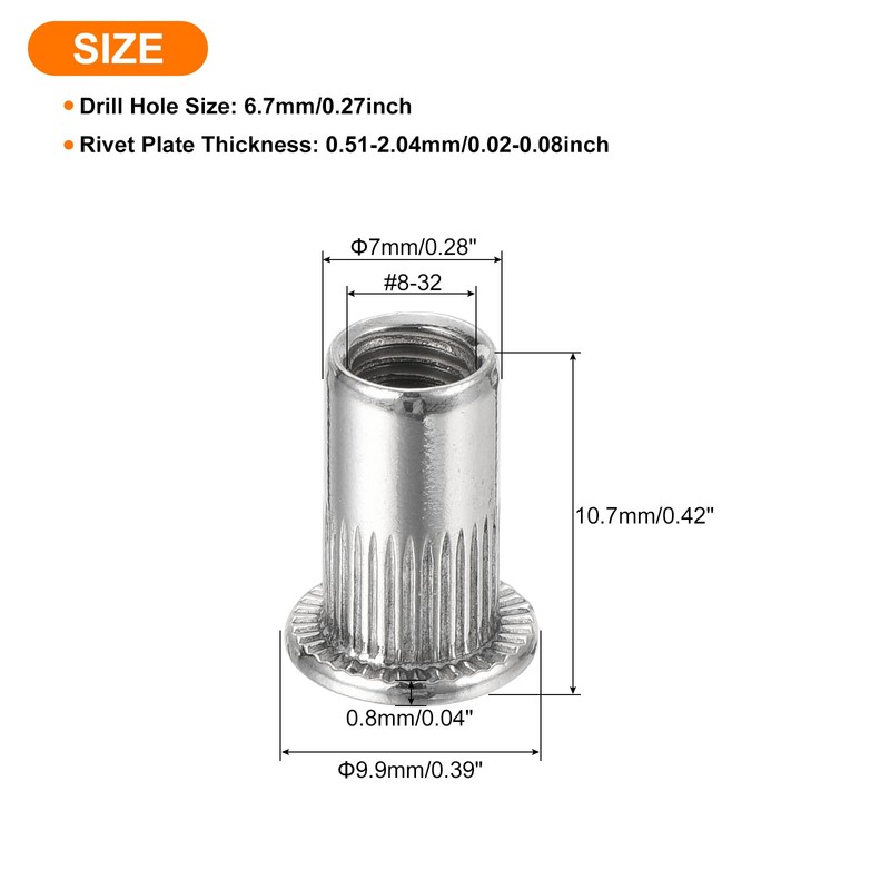 sourcing map 50Pcs Rivet Nuts Flat Head, #8-32 304 Stainless