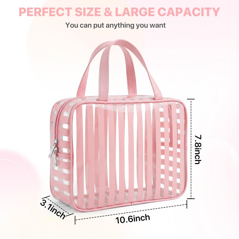 Edelefas Clear Pink Striped PVC Makeup Bag, Large 10.2 x