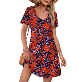 OFEEFAN Beach Vacation Clothes for Women Spring Flower Dresses for Women 2025 V Neck Coverup Beach T Shirts Dress with Pockets Casual Sundresses Floral 06 S