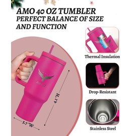 AMO 40 oz Tumbler With Handle and Straw - Vacuum Insulated Double Wall, Stainless Steel, Travel Friendly Water Bottle, Keeps Drinks Hot or Cold, Leak-Proof Design, Ideal for Outdoor & Daily Use- Pink