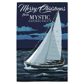 Lantern Press 16x24 Inch Giclee Print, Mystic, Connecticut, Christmas Lights Sailboat