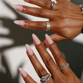 False Nails Almond - Long Press On Nails - Pale Pink Fake Nails With Glue - Glossy Full Cover Acrylic Stiletto Stick On Nails For Women Girls -12sizes, 24pcs