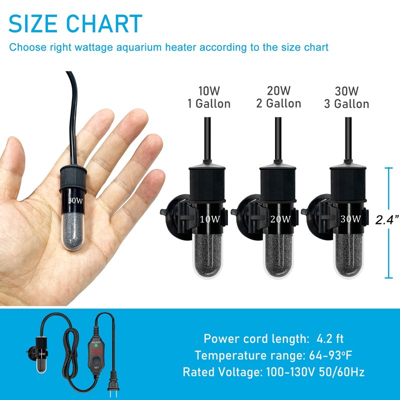 YukiHalu Super Mini Aquarium Heater, 10W 20W 30W Adjustable Fish
