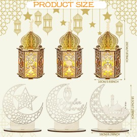 Rossesay 9 Pcs Eid Decorations Ramadan Lanterns with LED Tea Lights Moon Hollow Eid Plaque Set Eid Mubarak Table decor Muslim Wooden Hanging Lantern Night Light for Ramadan Kareem Party Decorations