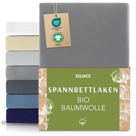 Dreamzie Premium Fitted Sheet 140 x 200 cm to 160 x 200 cm Anthracite, Fitted Sheet Made from 100% Jersey Organic Cotton, 150 g/m² - Oeko-Tex