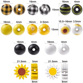 DanLingJewelry 50pcs 10 Styles Sunflower Wooden Beads Set 16mm Round Yellow Black White Wooden Beads Farmhouse Beads for Jewelry Making