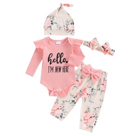Newborn Girl Spring Long Sleeve Romper Clothes Set I’M NEW Here Letter Bodysuit Flower Print Pants Hat and Bow Headband 4Pcs Set Outfit (Pink, 0-3 Months)