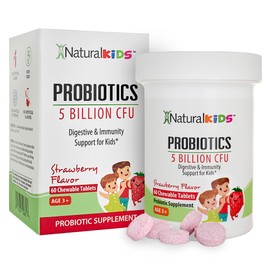 NaturalKids Kids Probiotic Chewables for Digestive Health, Gut Health and Immune Support Supplement - Childrens Probiotics with 5 Billion CFU - Strawberry Flavor 60 Chewable Tablets