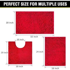 AINAHYVA Bathroom Rugs Chenille Bath mat 3 Piece Set, Super Absorbent, Strong PVC Non Slip Backing, Bath mats for Bathroom, Plush Shaggy, Thick, Machine Washable, Bathtub,Toilet, Red