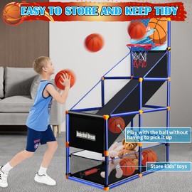Arcade Basketball Game Set for Kids, Boy Toys Basketball Hoop with 4 Balls for 3 to 12 Years Old, Adjustable Height w/Pump & Storage Net for Kids Indoor Outdoor Sports Play, Christmas Birthday Gifts