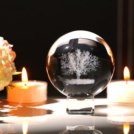 Movdyka 6cm/2.36in. Crystal 3D Tree of Life Figurine Ball with Crystal Stand, Glass Engraved Life Tree Paperweight Gifts for Women Home Collectible Ornaments