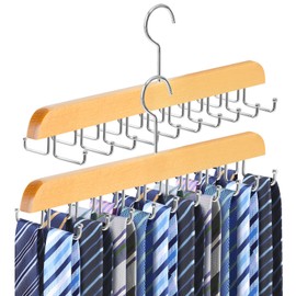 2 Pack Tie Rack Belt Hanger for Closet Fitnice Upgraded Non Slip Tie Hanger Space Saving with 20 Foldable Hooks Wooden Belt Tie Organizer for Tank Tops Bras Cami Scarves