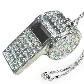 Metal Crystal Rhinestone Whistle - Shining Bling With Chain for Referees, Coaches, Teachers, Police, Training (Silver)